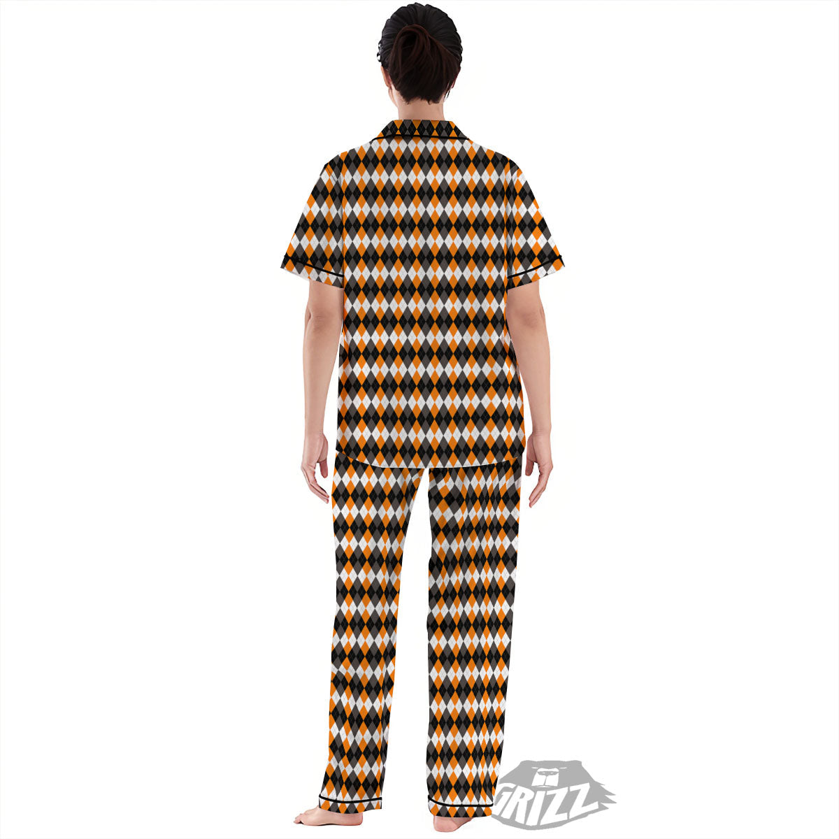 Orange And White Grey Black Argyle Print Women's Pajamas Set-grizzshop
