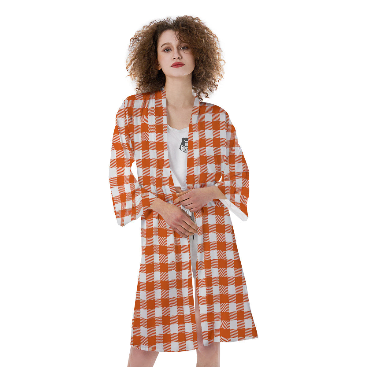 Orange Burnt And White Check Print Kimono-grizzshop
