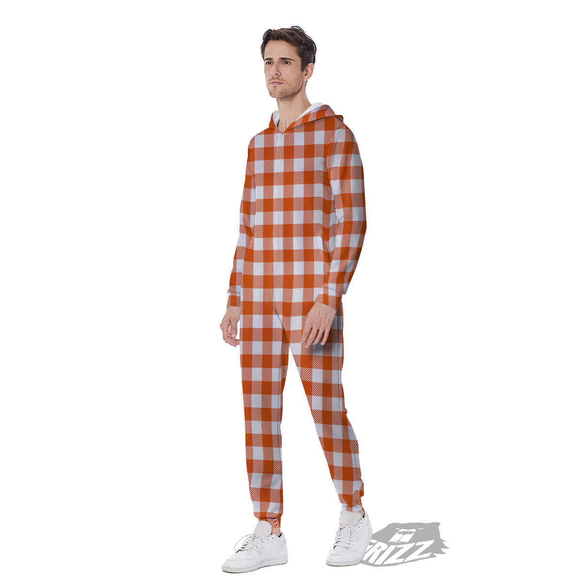 Orange Burnt And White Check Print Men's Jumpsuit-grizzshop
