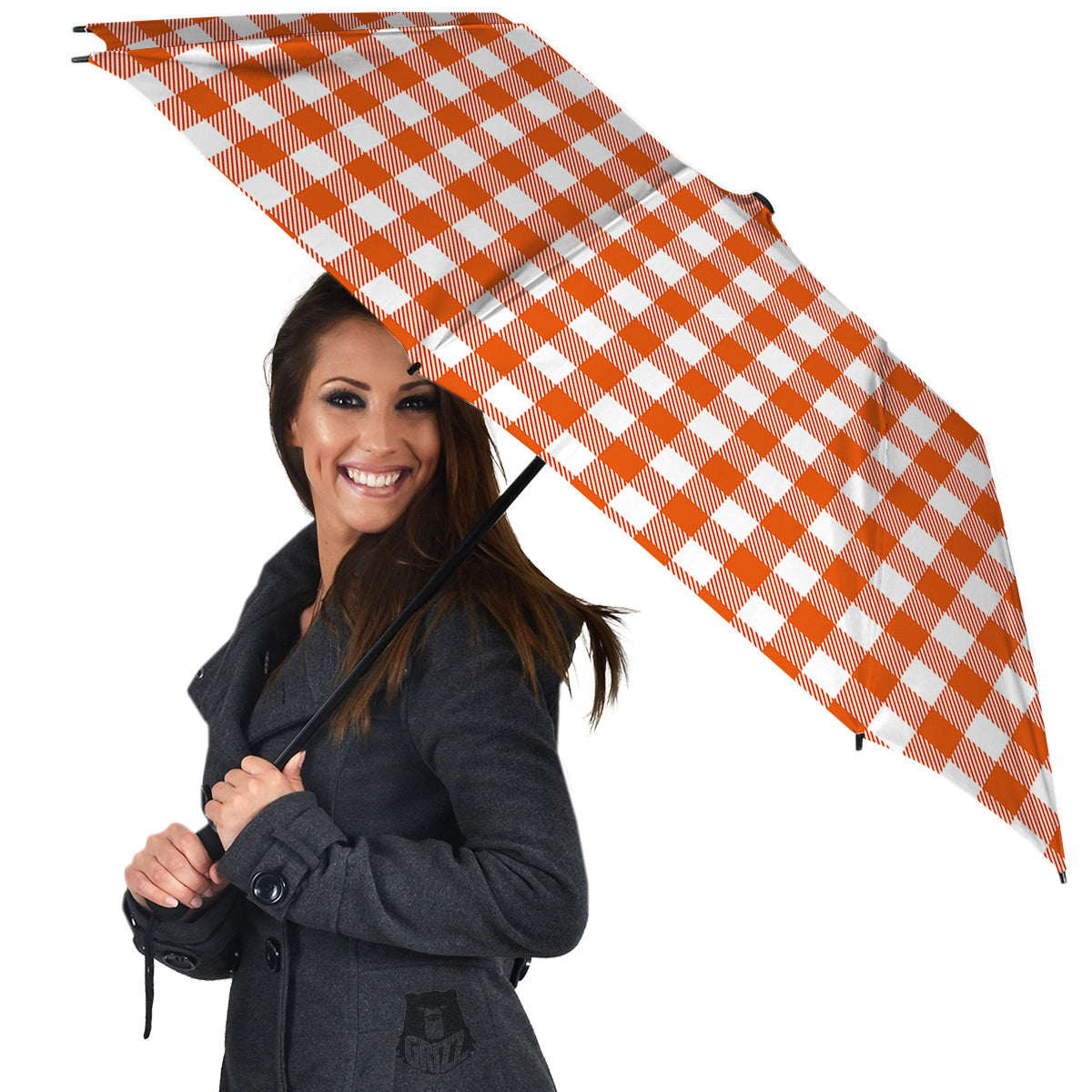 Orange Burnt And White Check Print Umbrella-grizzshop