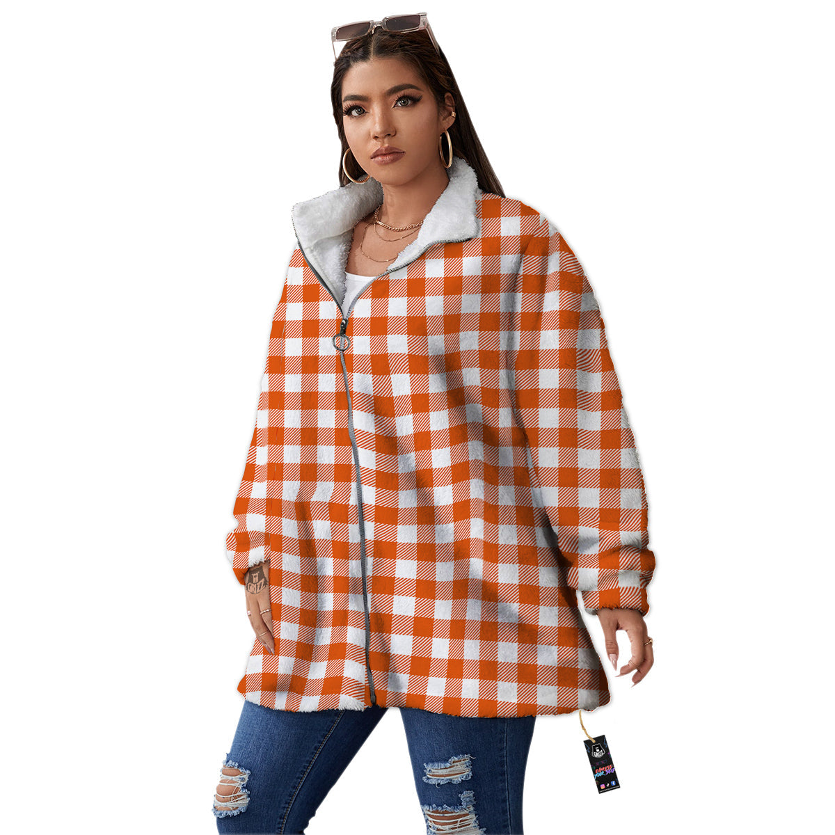Orange Burnt And White Check Print Women's Sherpa Jacket-grizzshop
