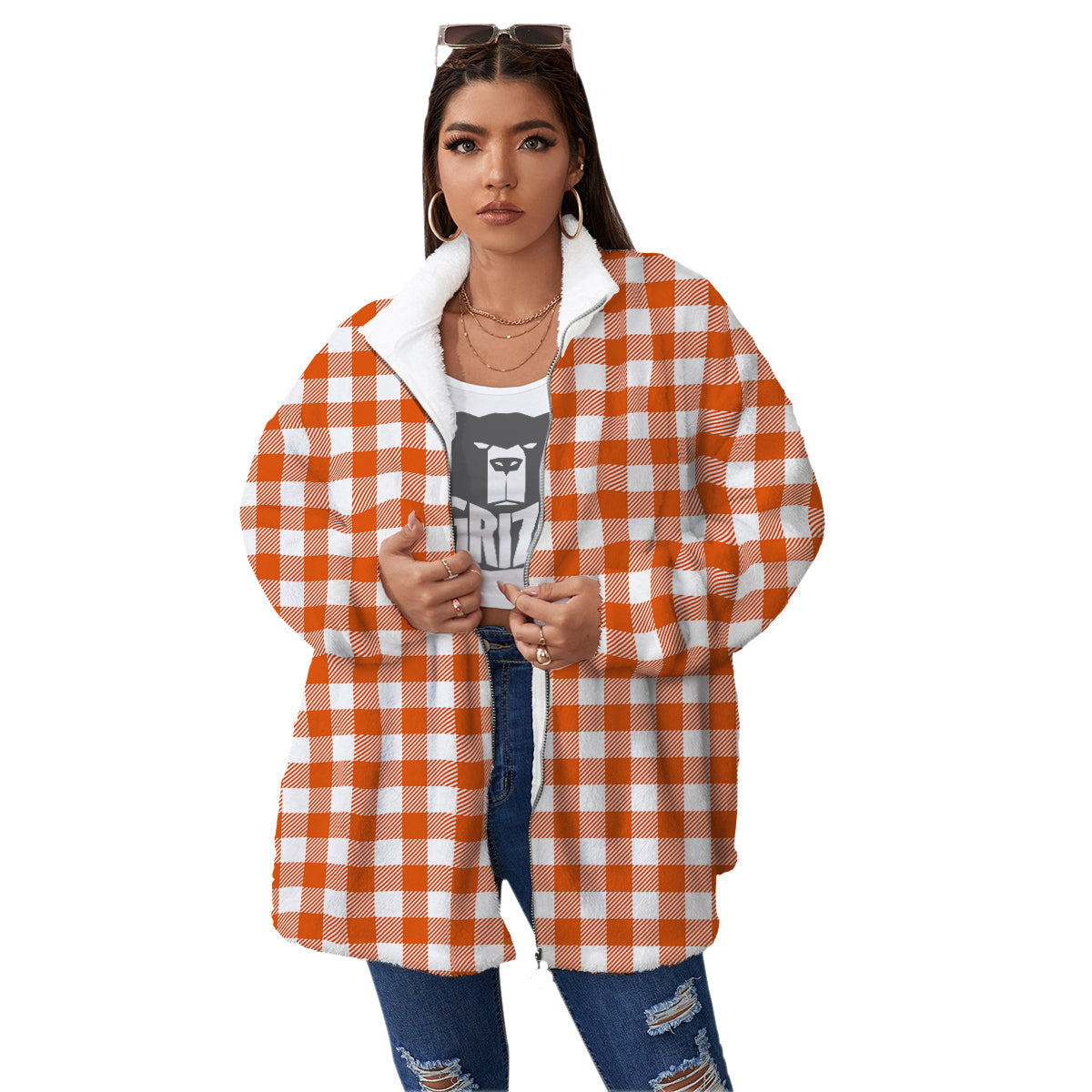 Orange Burnt And White Check Print Women's Sherpa Jacket-grizzshop