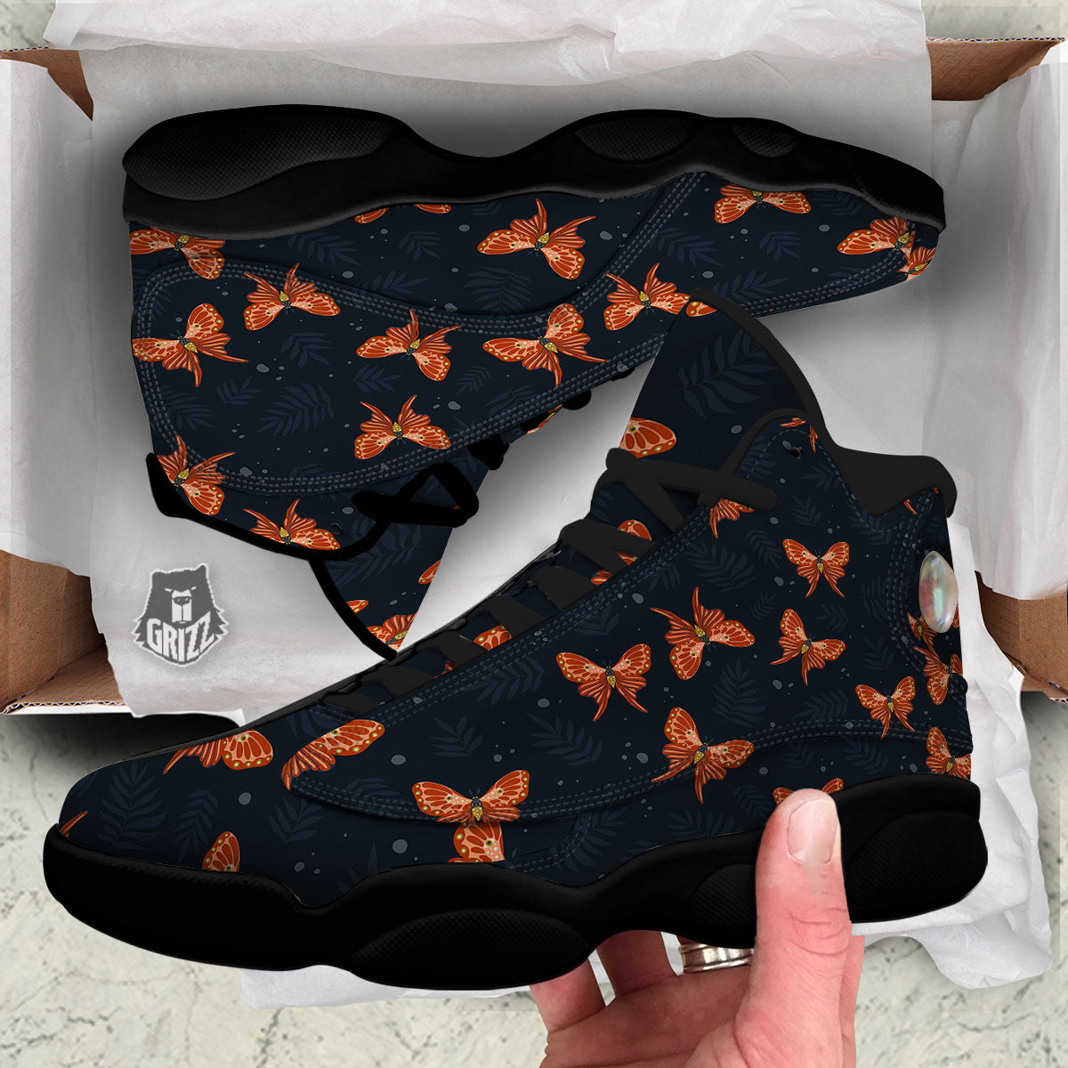 Orange Butterfly Monarch Print Pattern Black Basketball Shoes-grizzshop