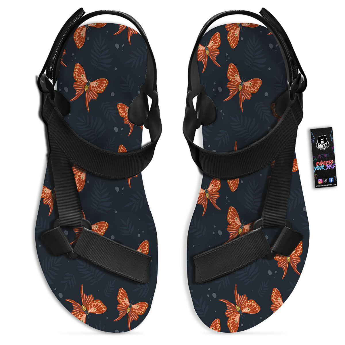 Orange Butterfly Monarch Print Pattern Black Open Toe Sandals-grizzshop