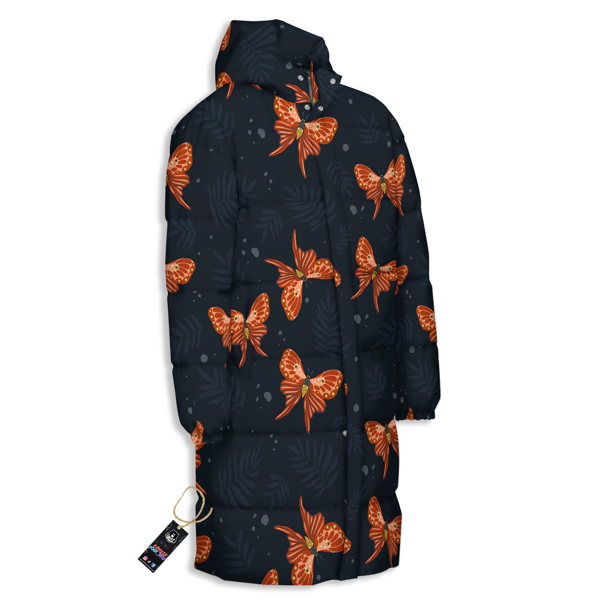 Orange Butterfly Monarch Print Pattern Long Down Jacket-grizzshop