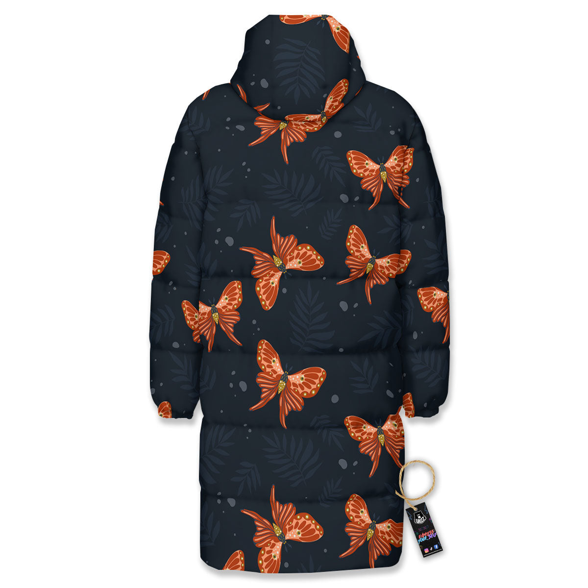 Orange Butterfly Monarch Print Pattern Long Down Jacket-grizzshop