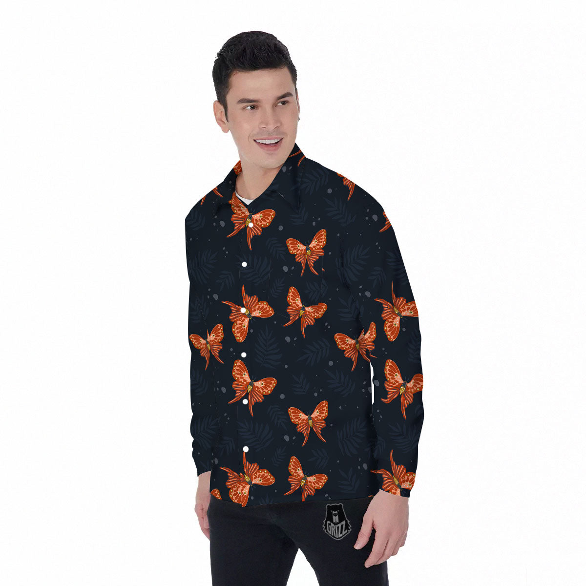 Orange Butterfly Monarch Print Pattern Men's Long Sleeve Shirts-grizzshop