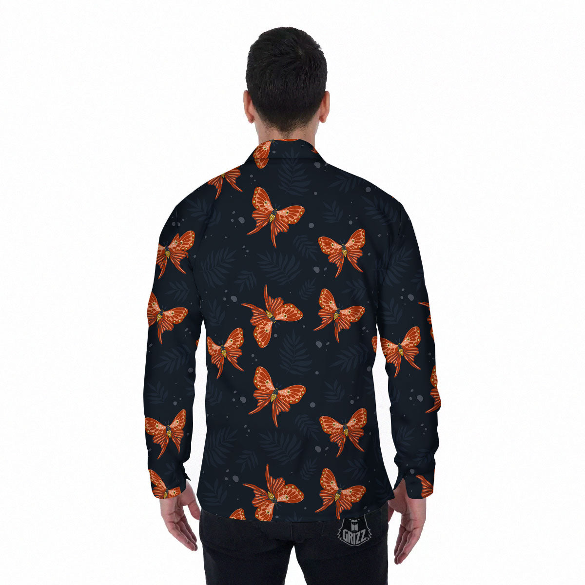 Orange Butterfly Monarch Print Pattern Men's Long Sleeve Shirts-grizzshop