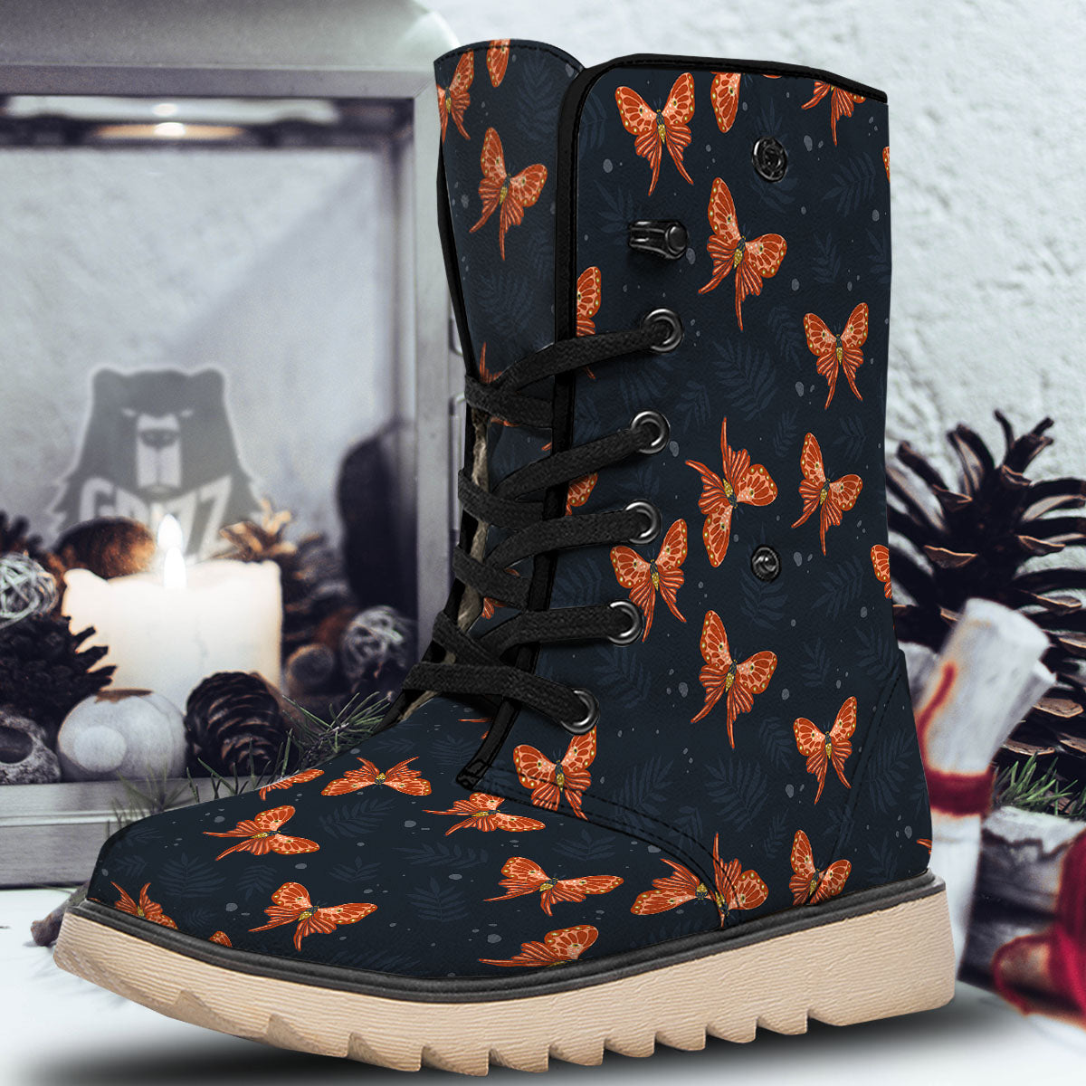 Orange Butterfly Monarch Print Pattern Snow Boots-grizzshop