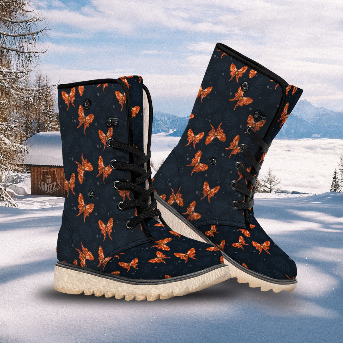 Orange Butterfly Monarch Print Pattern Snow Boots-grizzshop