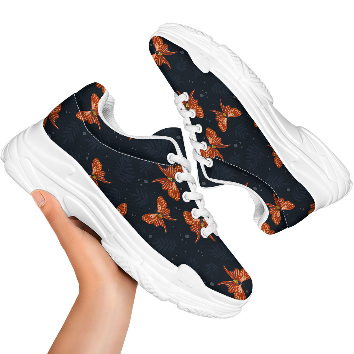 Orange Butterfly Monarch Print Pattern White Chunky Shoes-grizzshop