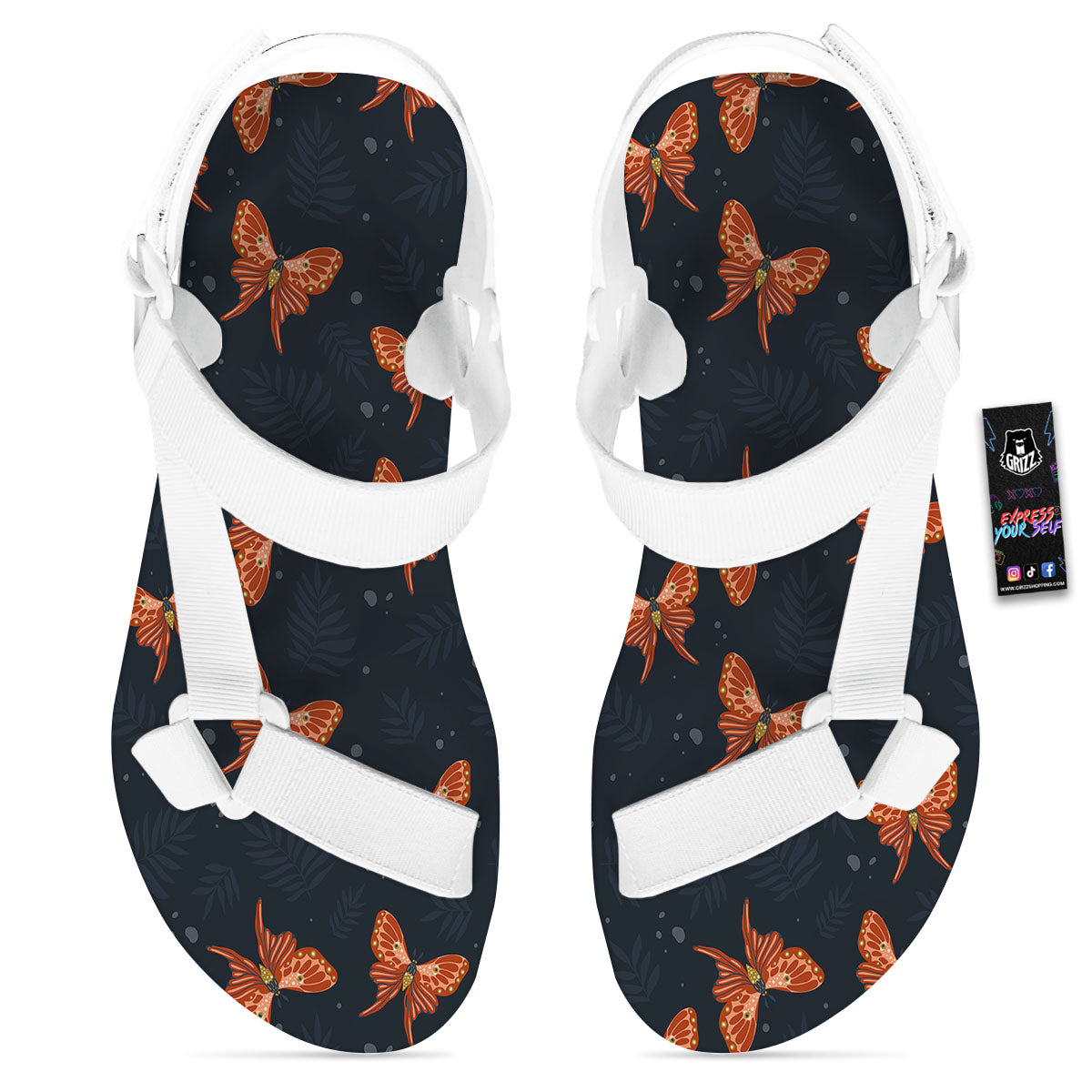 Orange Butterfly Monarch Print Pattern White Open Toe Sandals-grizzshop