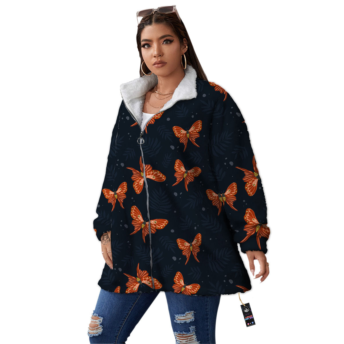 Orange Butterfly Monarch Print Pattern Women's Sherpa Jacket-grizzshop