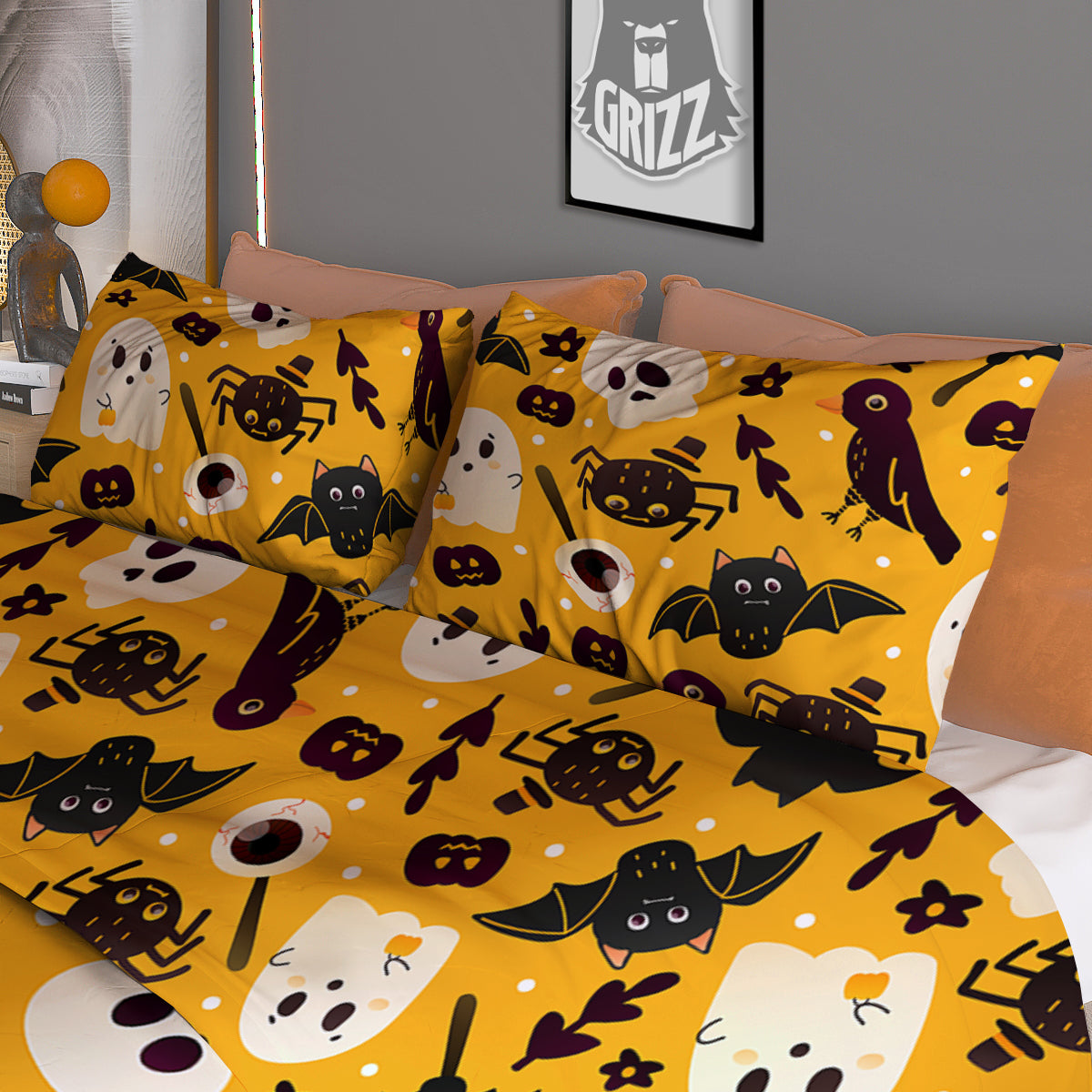 Orange Color Halloween Cute Print Pattern Duvet Cover Bedding Set