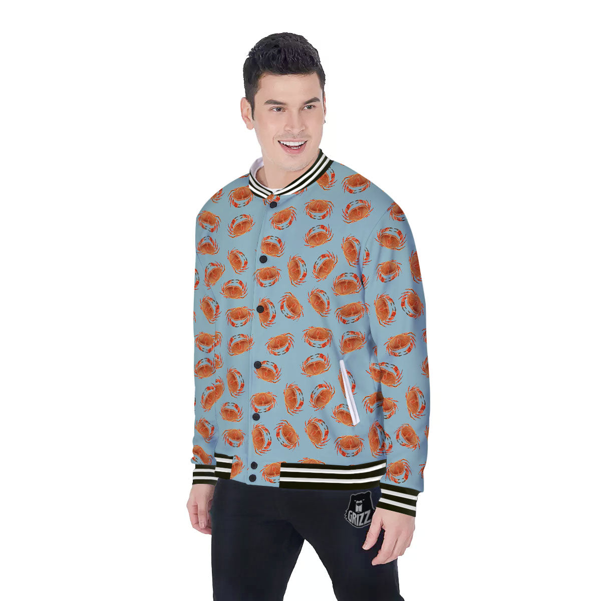 Orange Crab Print Pattern Baseball Jacket-grizzshop