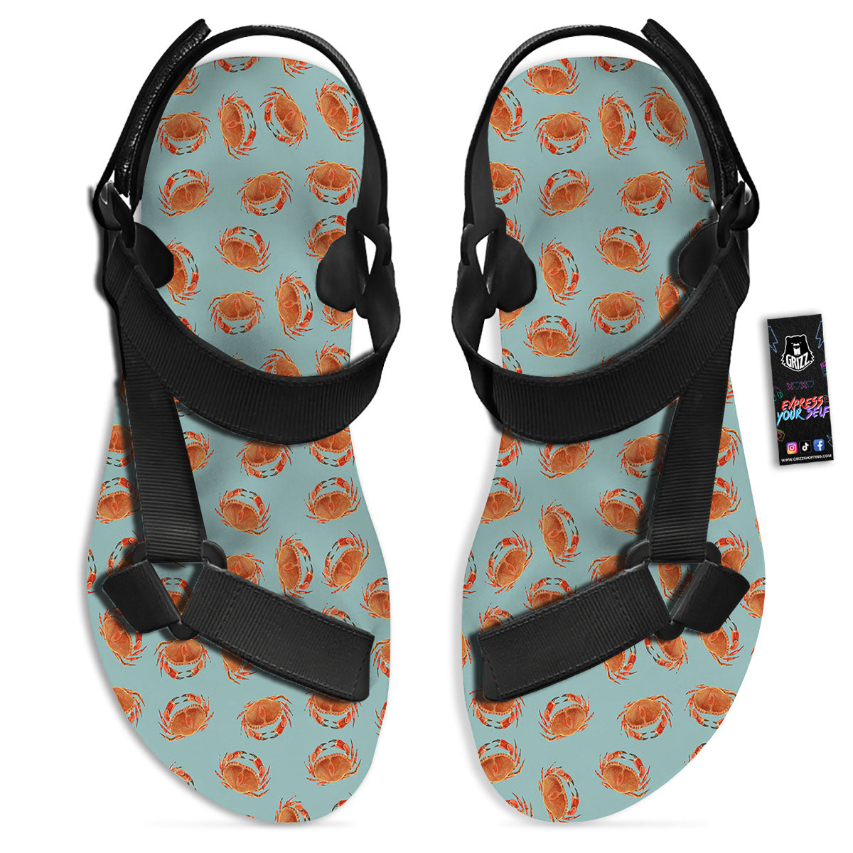 Orange Crab Print Pattern Black Open Toe Sandals-grizzshop