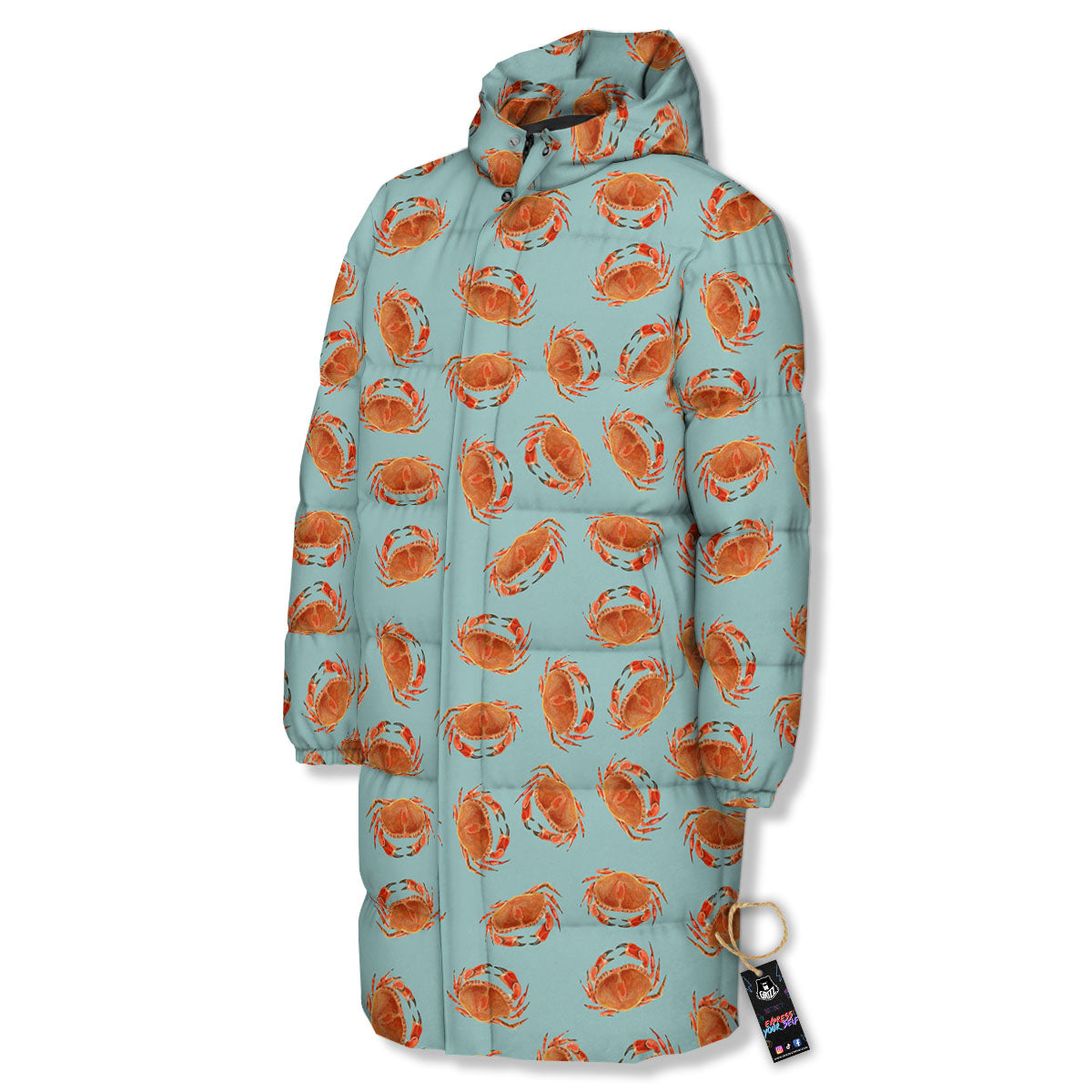 Orange Crab Print Pattern Long Down Jacket-grizzshop
