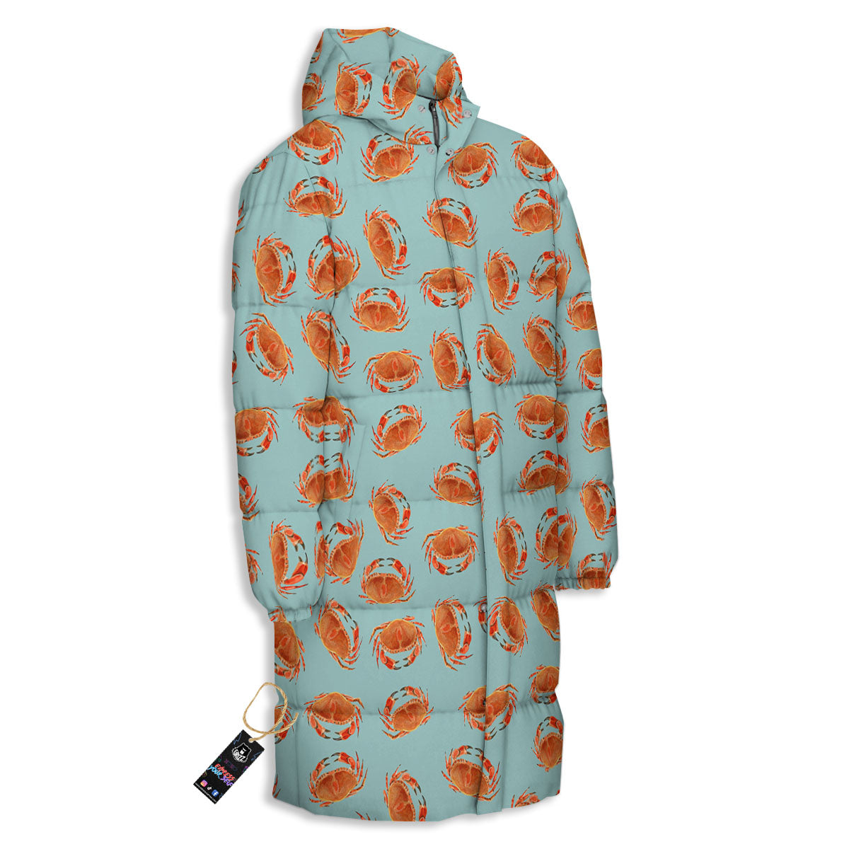 Orange Crab Print Pattern Long Down Jacket-grizzshop