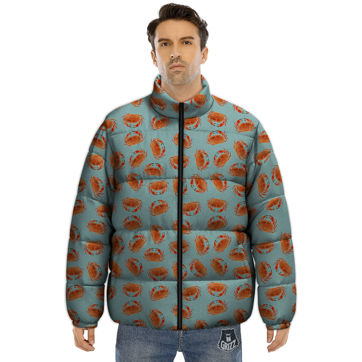 Orange Crab Print Pattern Puffer Jacket-grizzshop