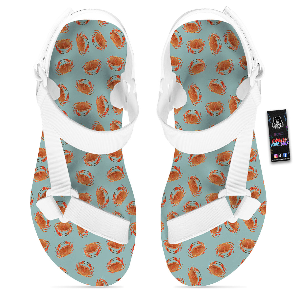Orange Crab Print Pattern White Open Toe Sandals-grizzshop