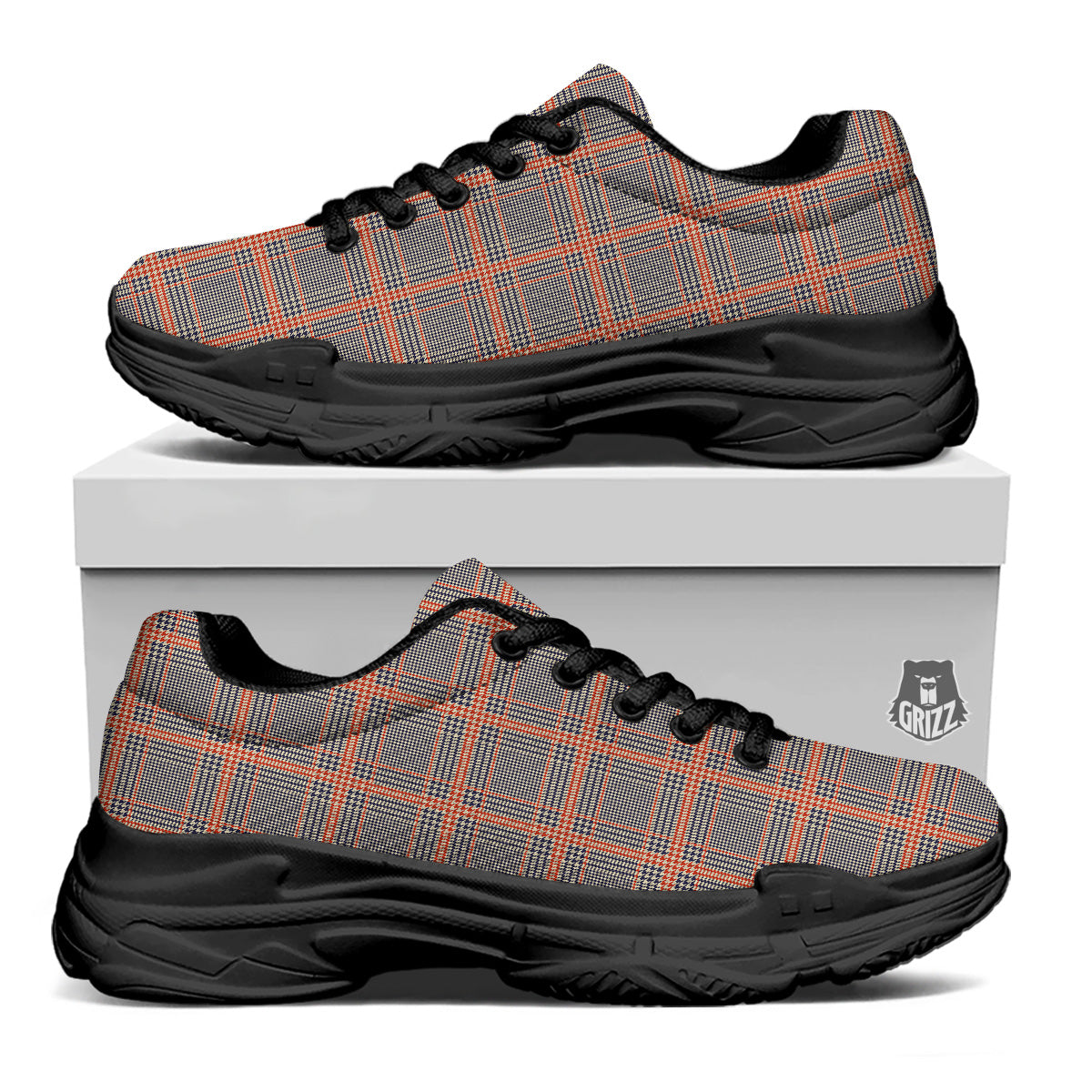 Orange Glen And Blue Beige Plaid Print Black Chunky Shoes-grizzshop