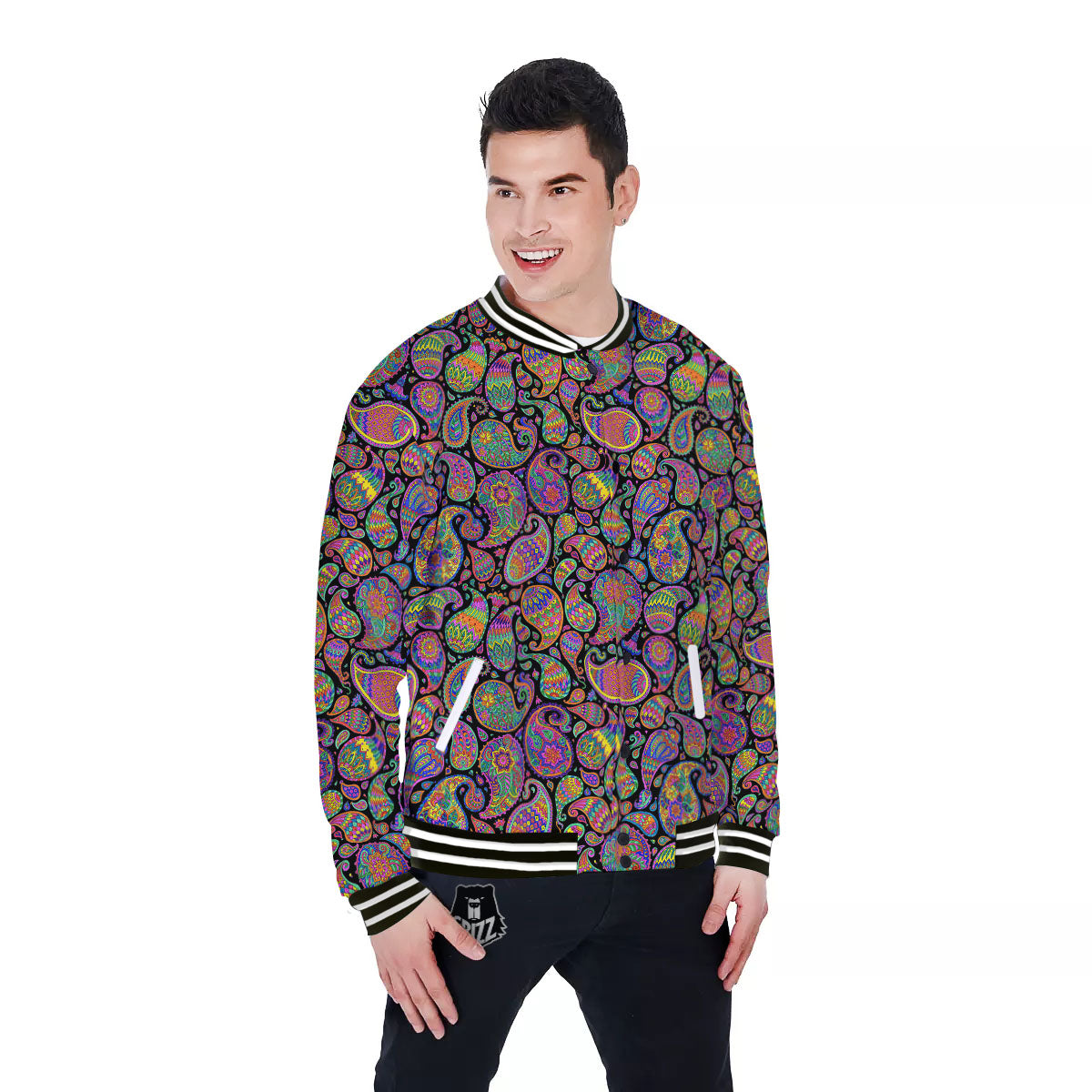Orange Green And Pink Paisley Print Baseball Jacket-grizzshop