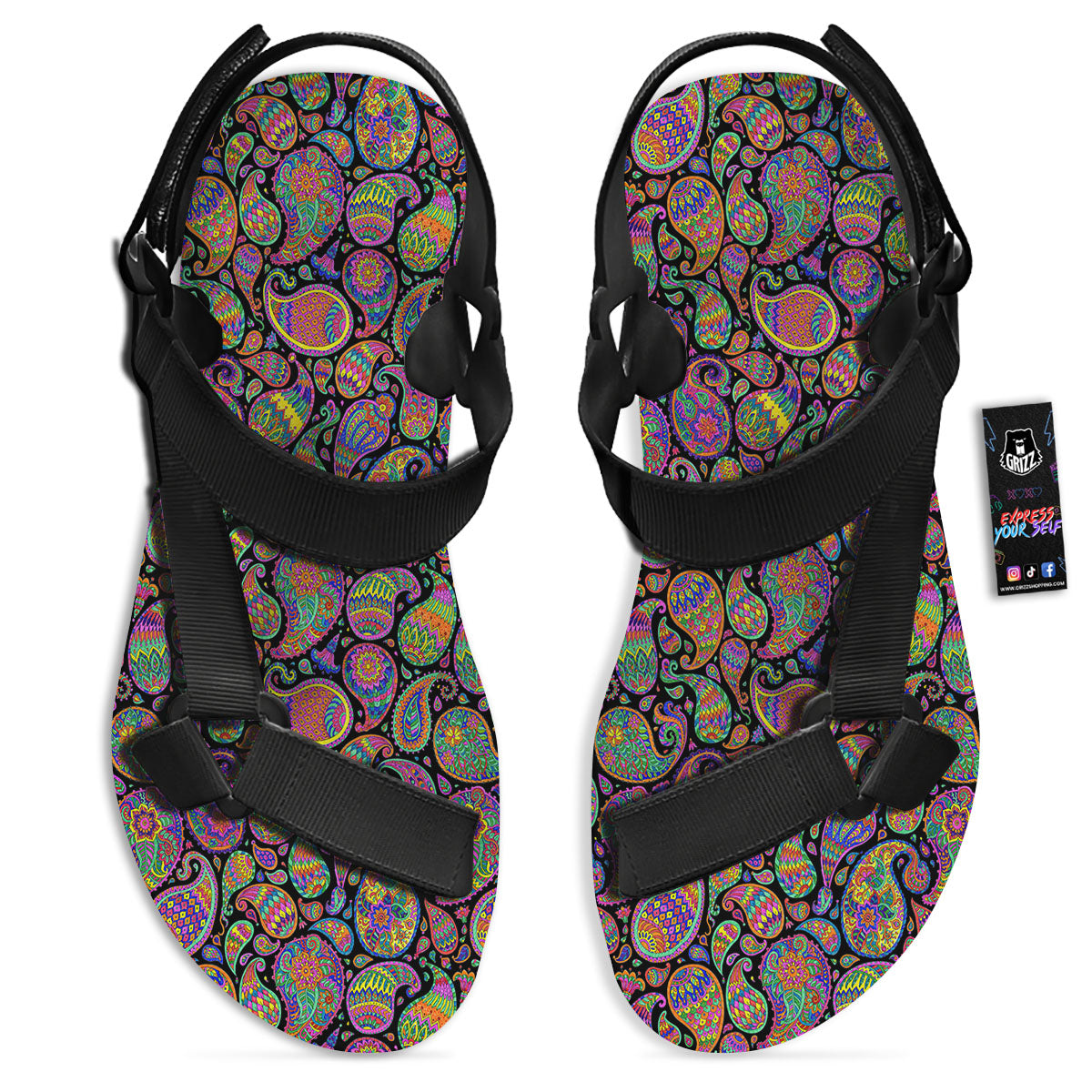 Orange Green And Pink Paisley Print Black Open Toe Sandals-grizzshop