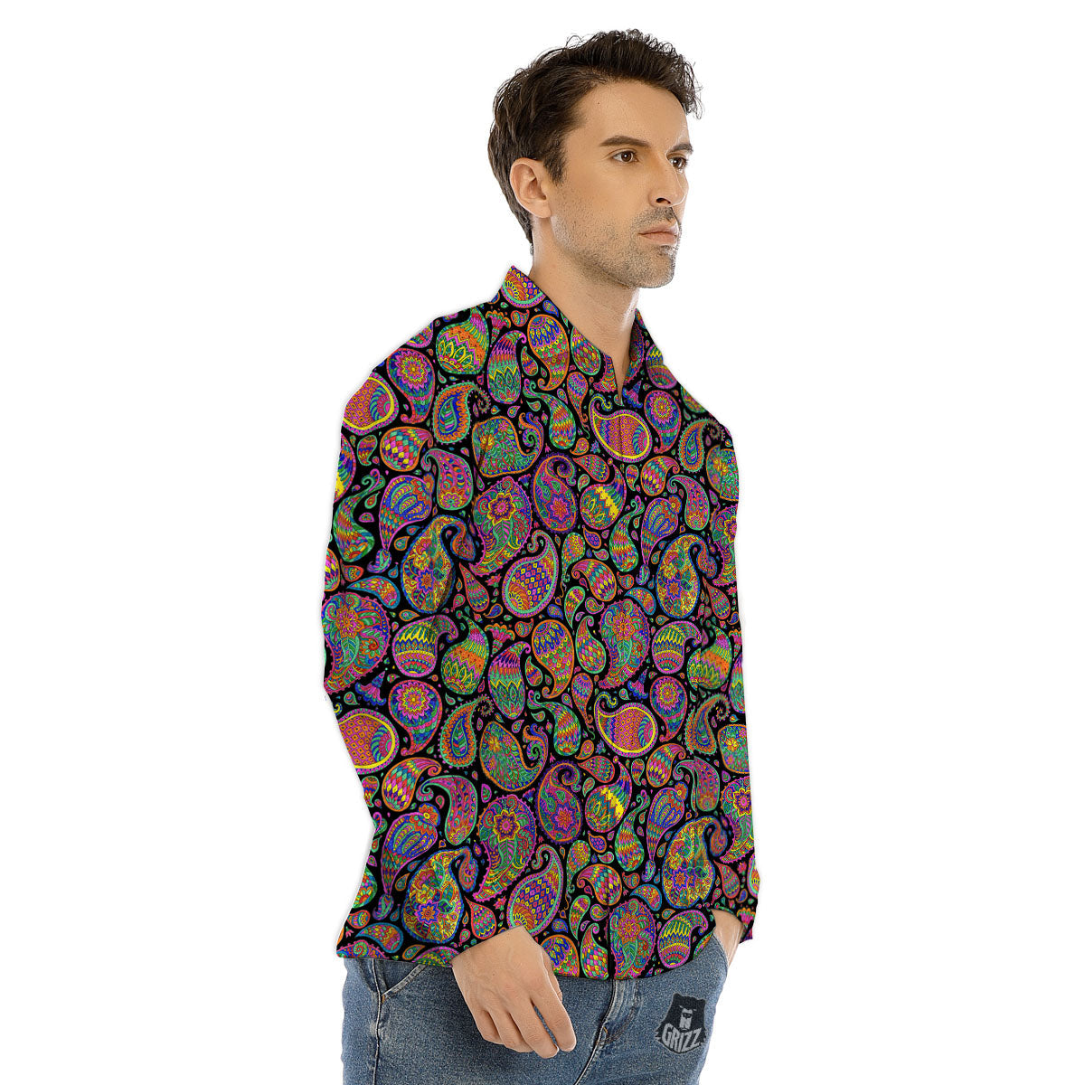 Orange Green And Pink Paisley Print Men's Dress Shirts-grizzshop