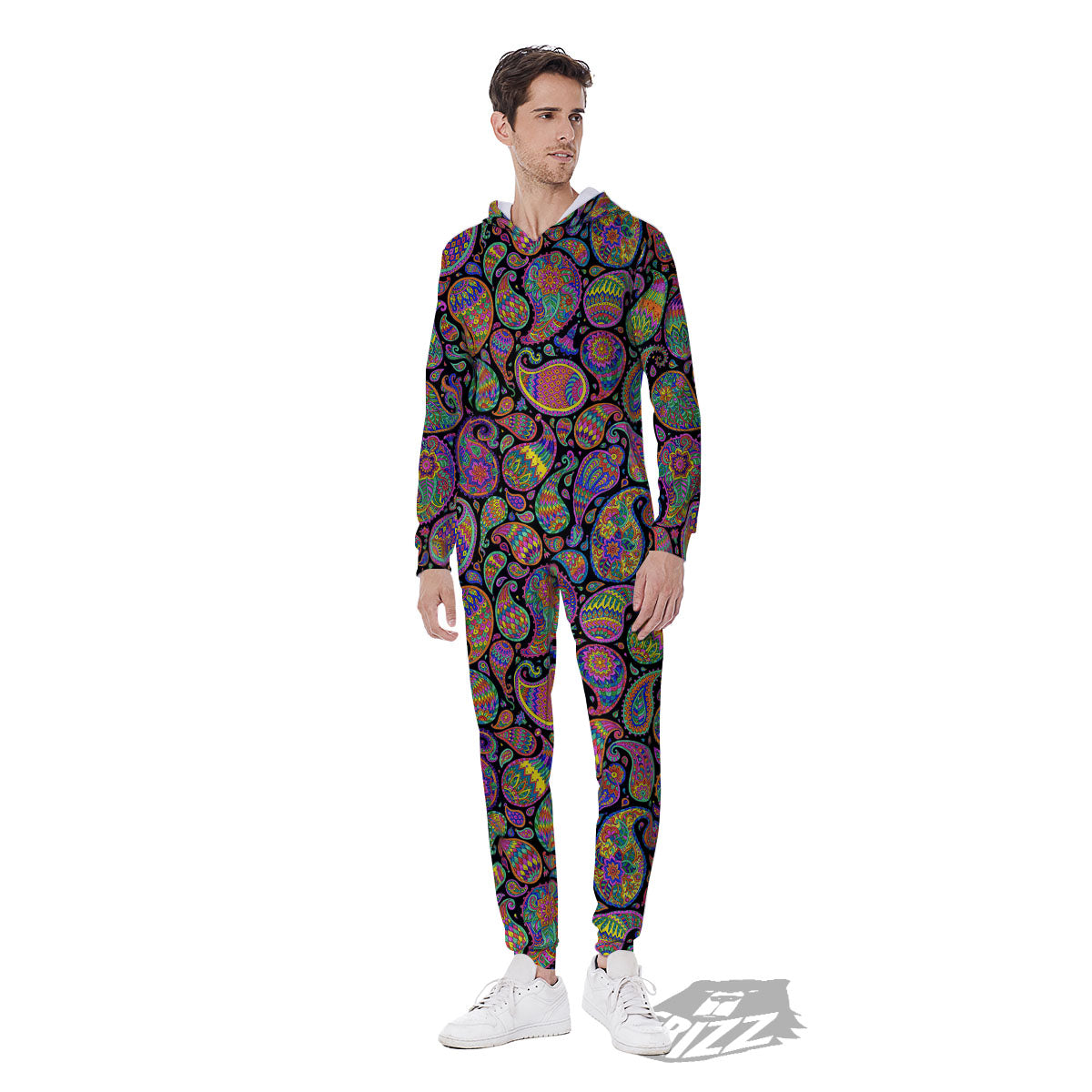 Orange Green And Pink Paisley Print Men's Jumpsuit-grizzshop