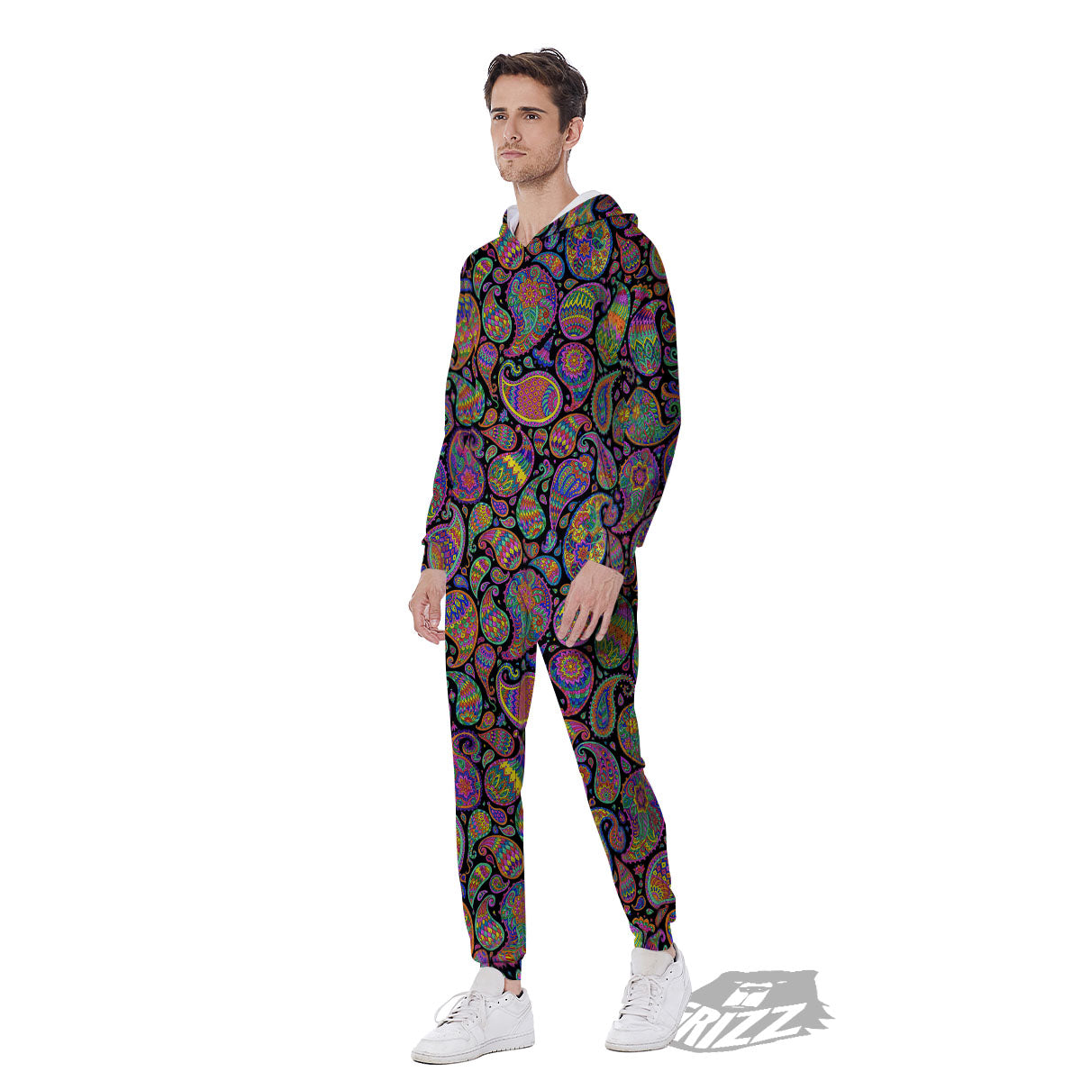Orange Green And Pink Paisley Print Men's Jumpsuit-grizzshop