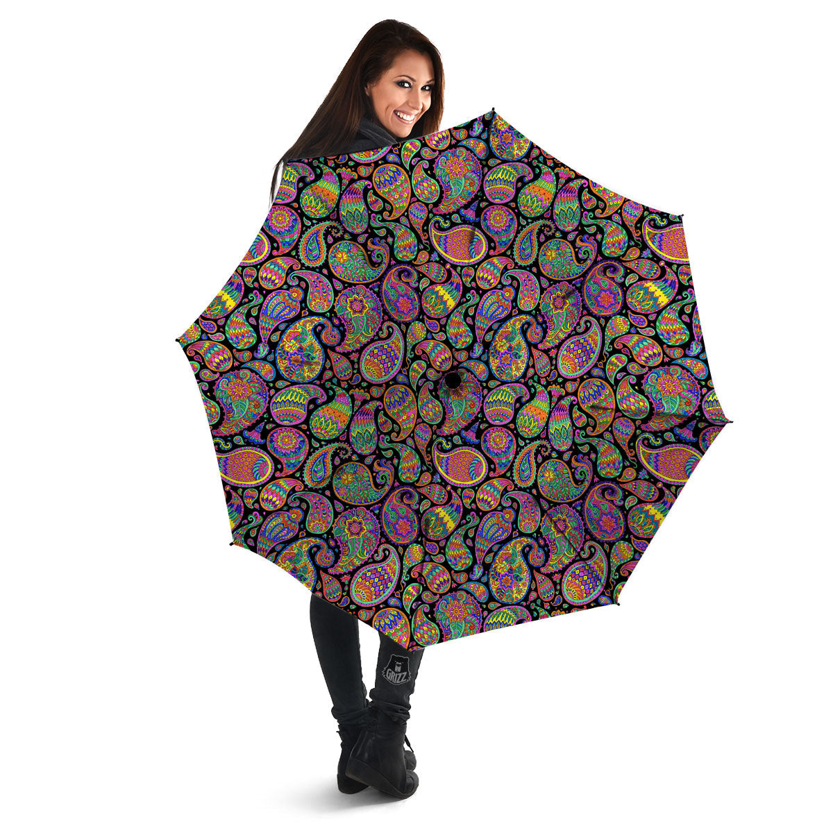 Orange Green And Pink Paisley Print Umbrella-grizzshop