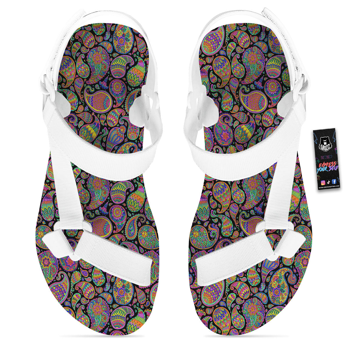 Orange Green And Pink Paisley Print White Open Toe Sandals-grizzshop