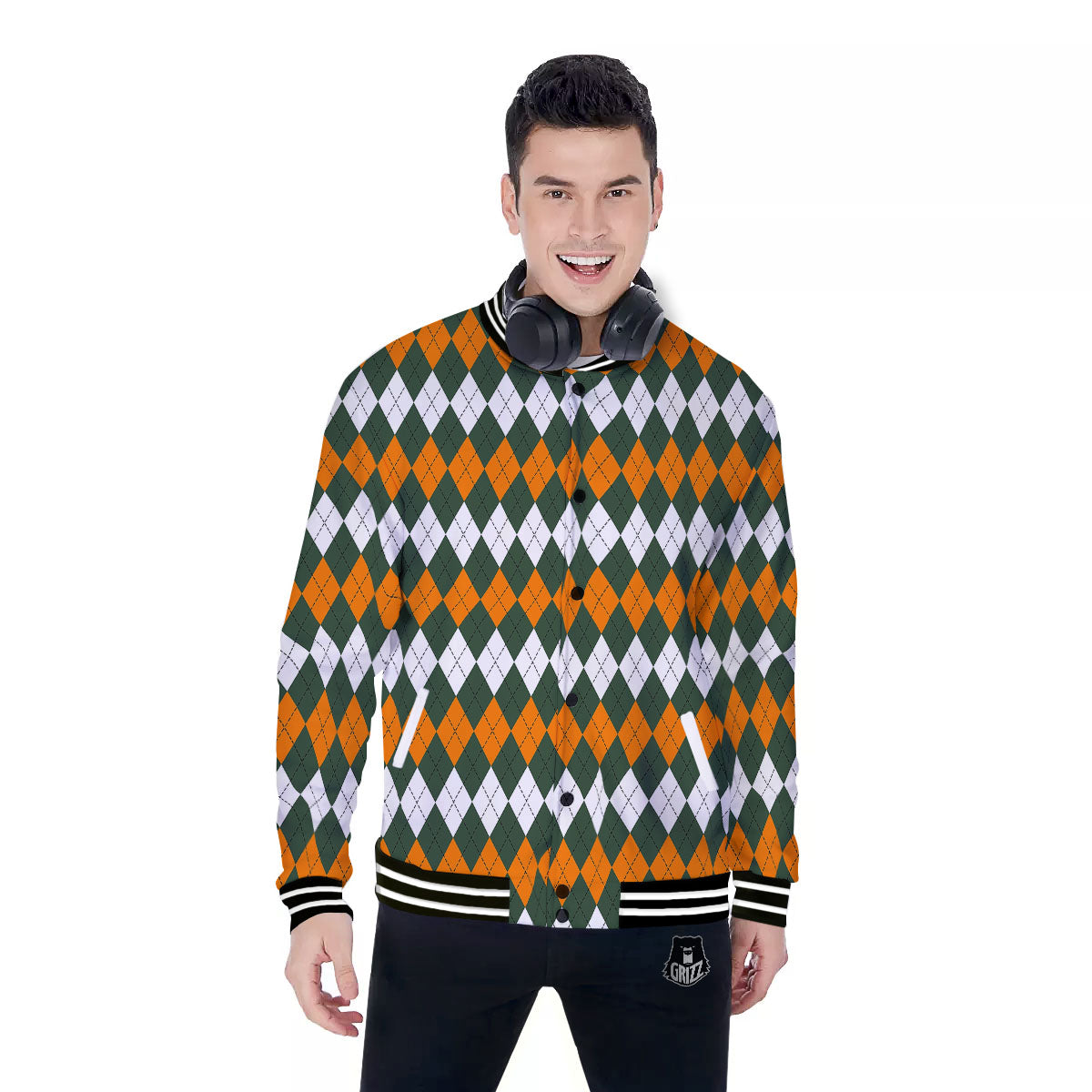 Orange Green And White Argyle Print Baseball Jacket-grizzshop