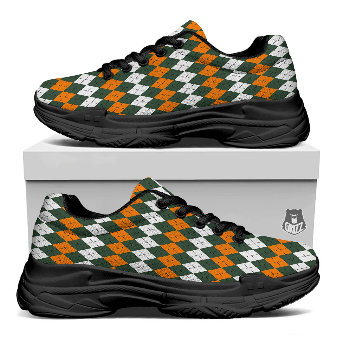 Orange Green And White Argyle Print Black Chunky Shoes-grizzshop