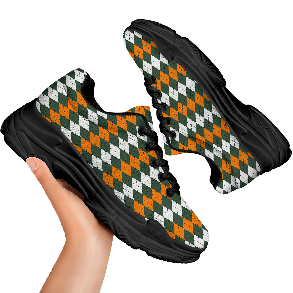 Orange Green And White Argyle Print Black Chunky Shoes-grizzshop