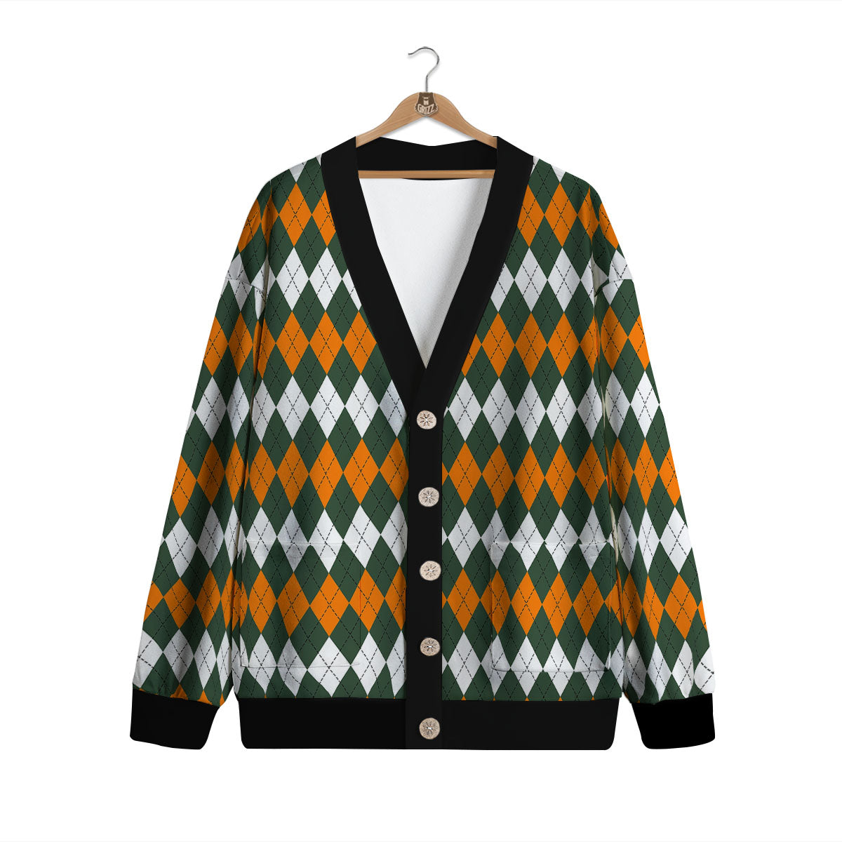 Orange Green And White Argyle Print Cardigan-grizzshop