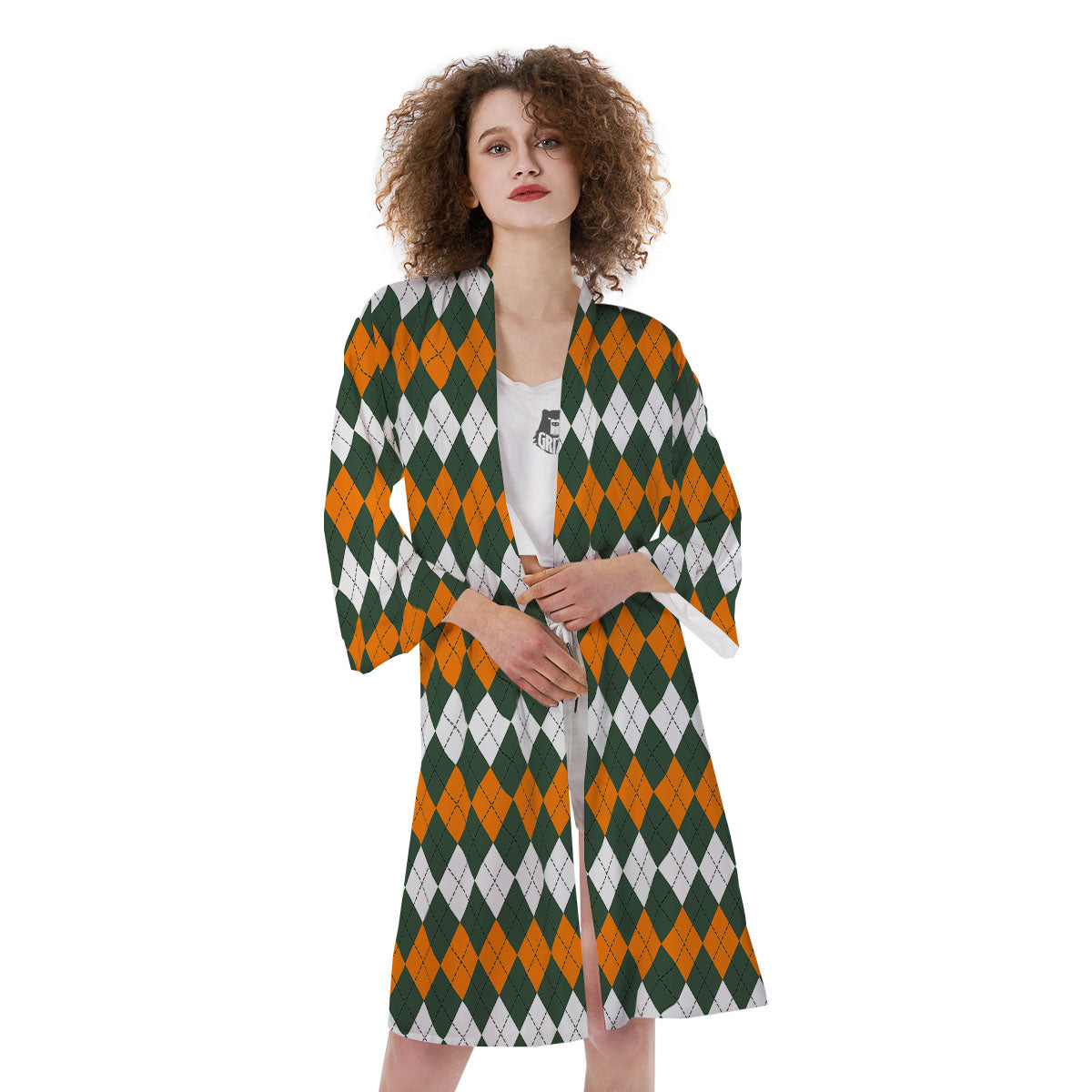 Orange Green And White Argyle Print Kimono-grizzshop