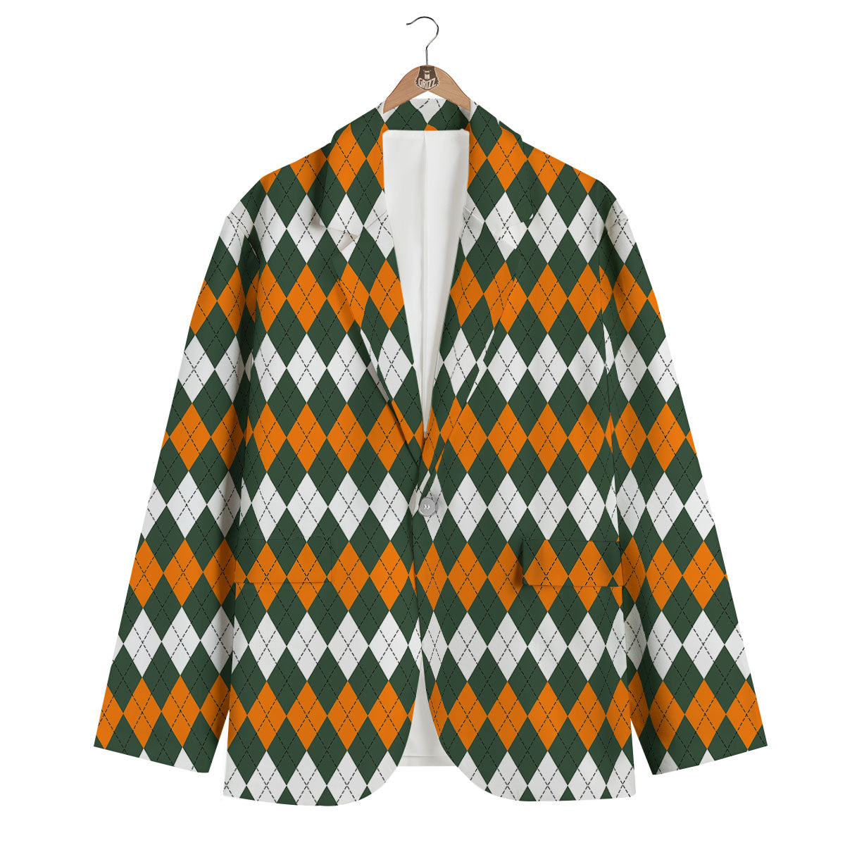 Orange Green And White Argyle Print Men's Blazer-grizzshop