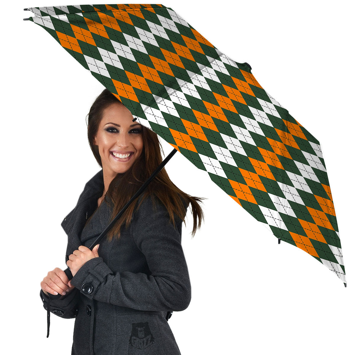 Orange Green And White Argyle Print Umbrella-grizzshop