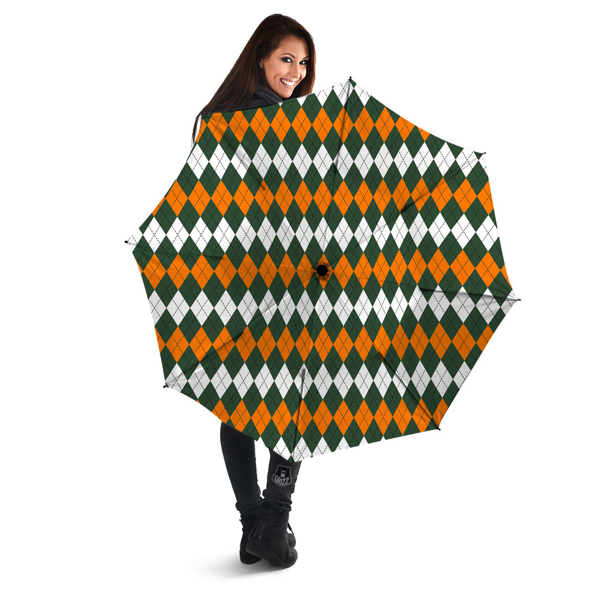 Orange Green And White Argyle Print Umbrella-grizzshop