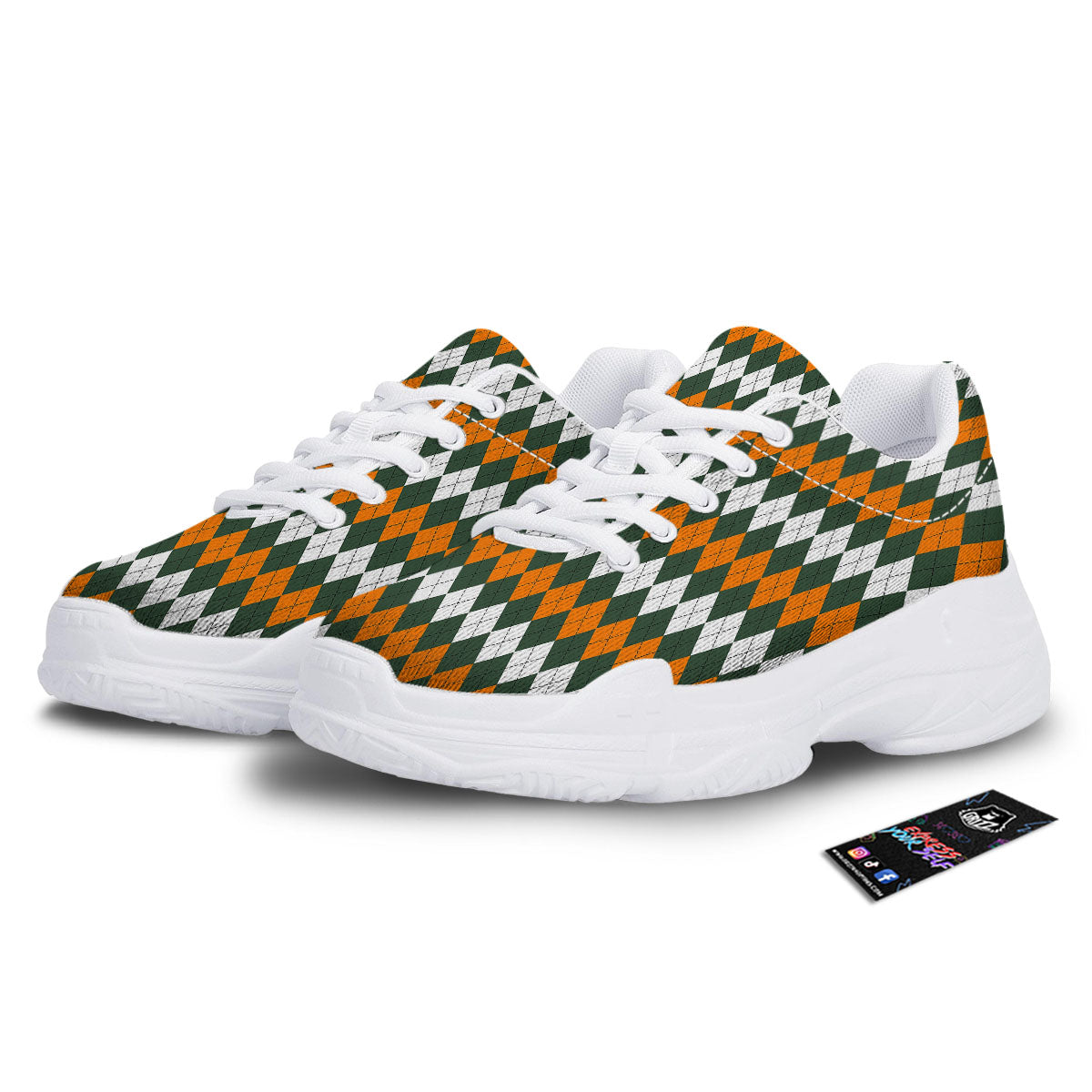Orange Green And White Argyle Print White Chunky Shoes-grizzshop