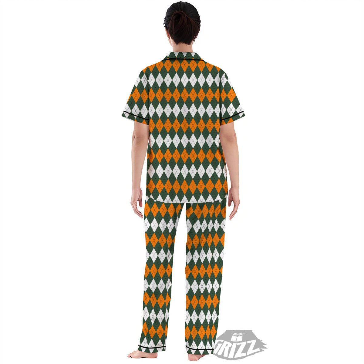 Orange Green And White Argyle Print Women's Pajamas Set-grizzshop