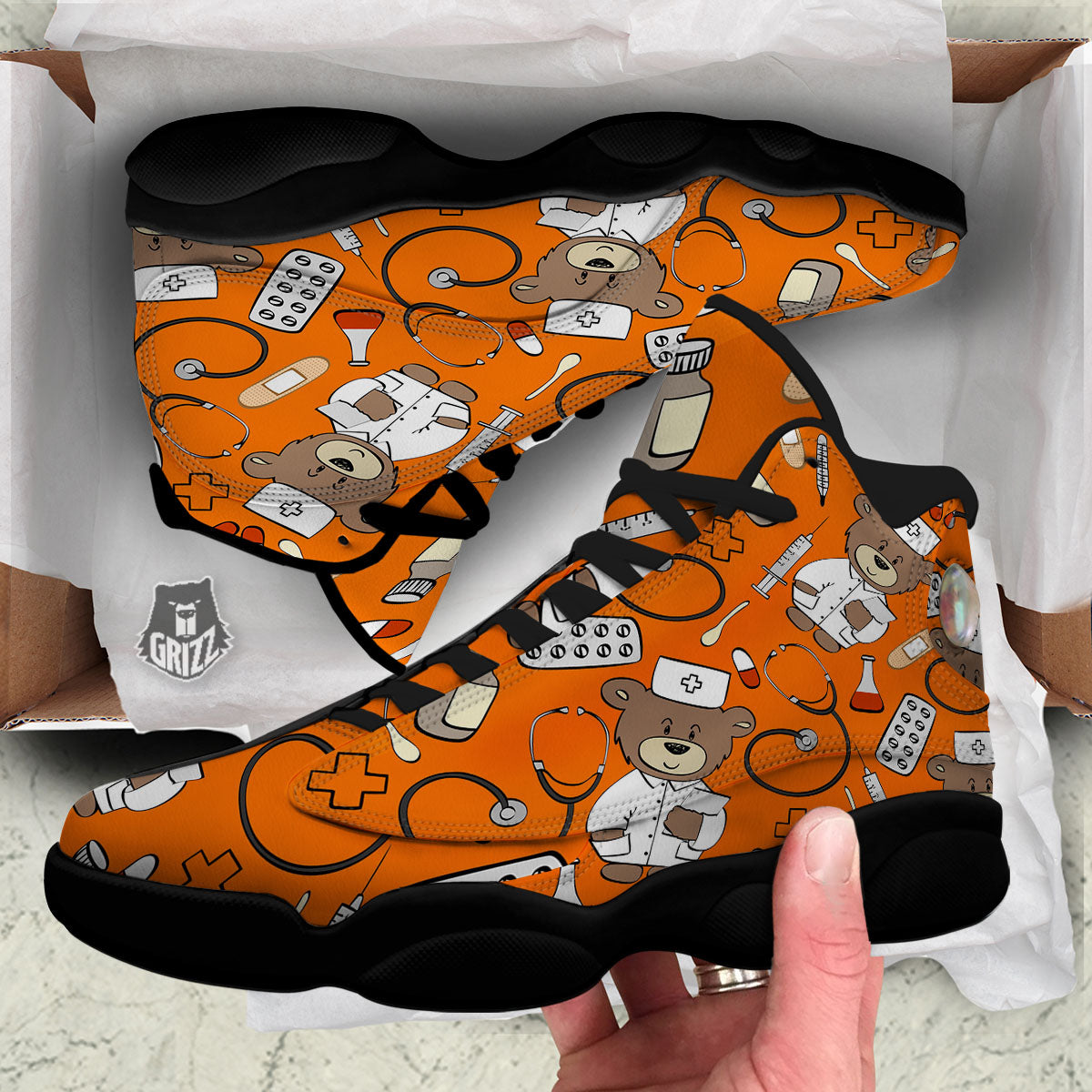 Orange Teddy Bear Nurse Black Basketball Shoes-grizzshop