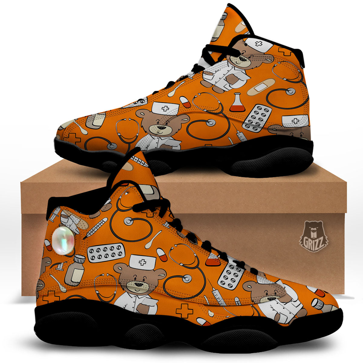 Orange Teddy Bear Nurse Black Basketball Shoes-grizzshop