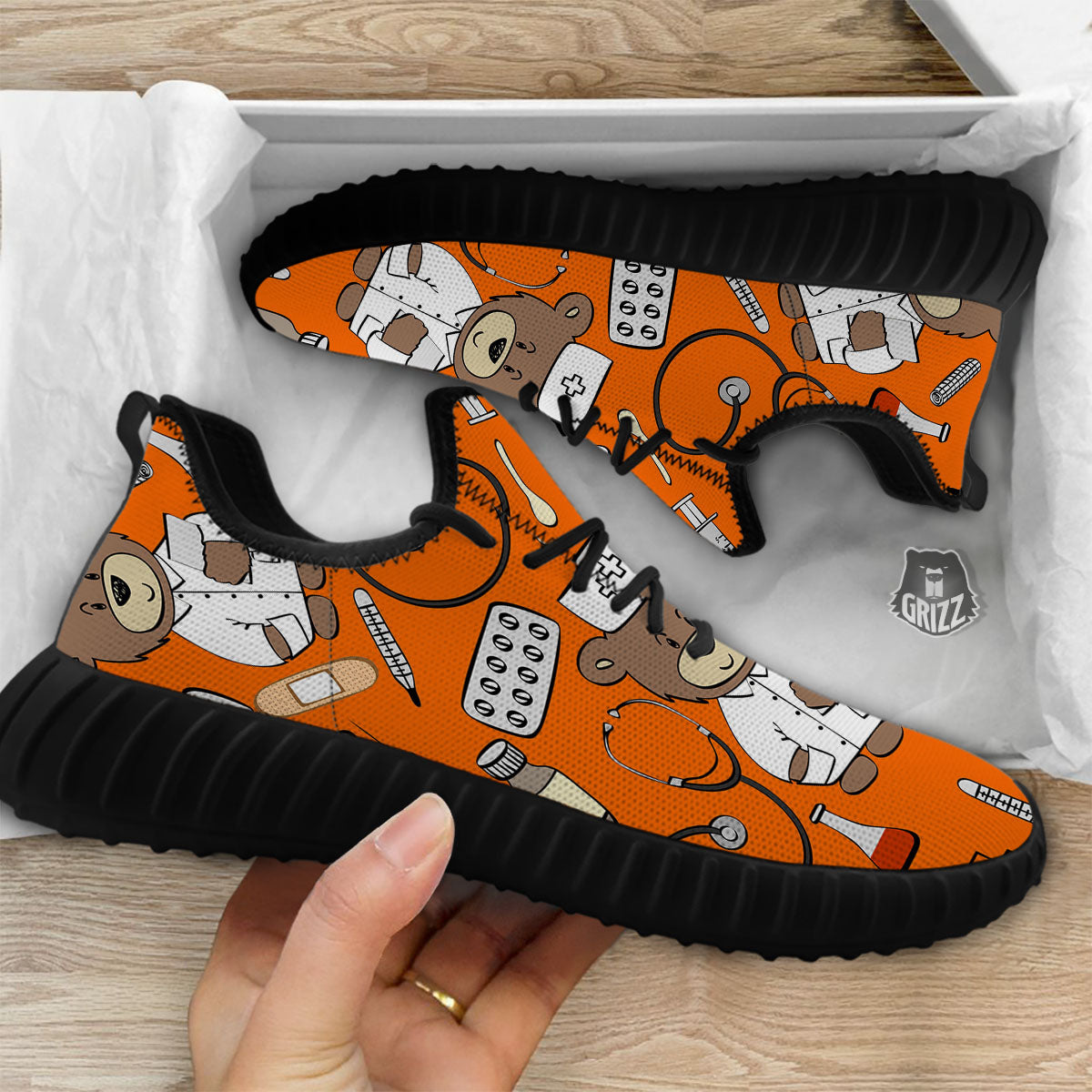 Orange Teddy Bear Nurse Black Walking Shoes-grizzshop