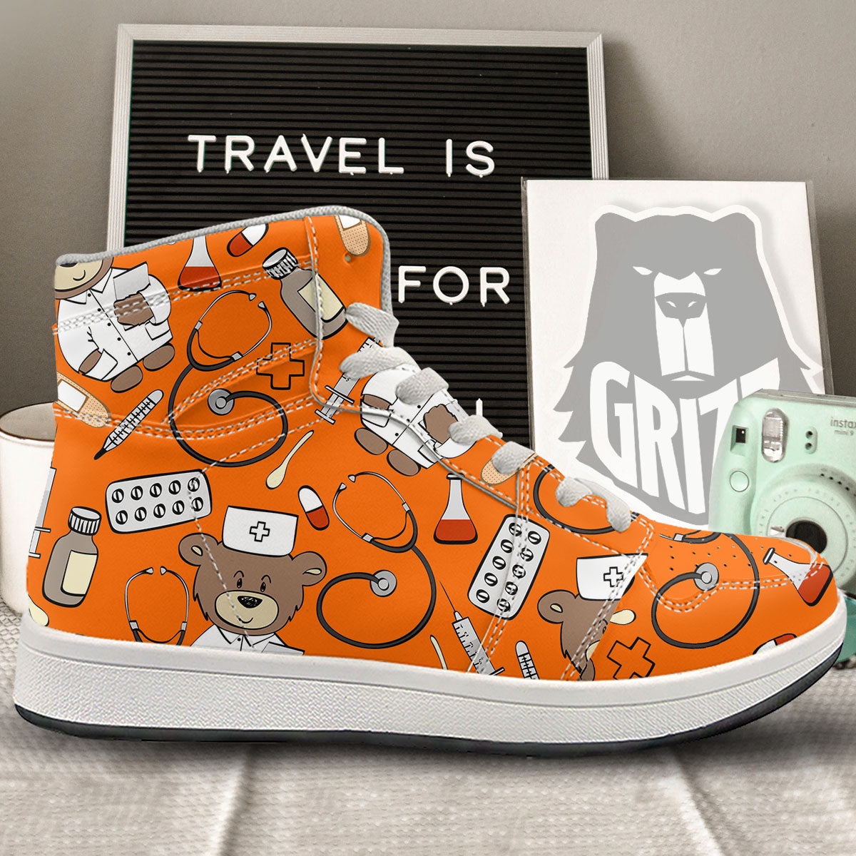 Orange Teddy Bear Nurse High Top Sneakers-grizzshop