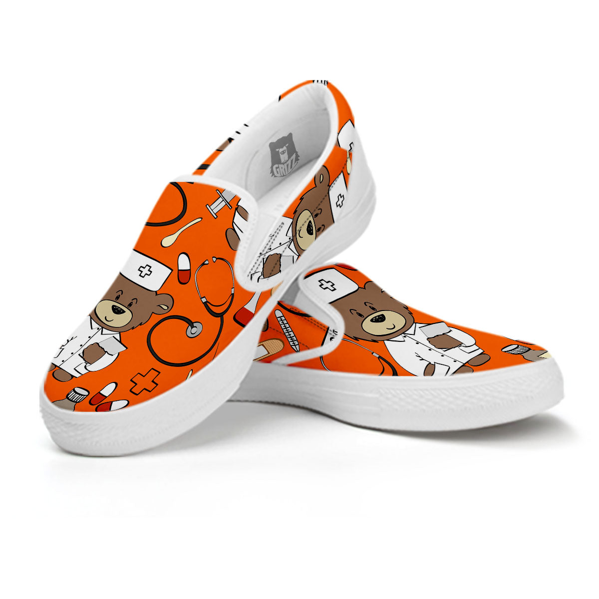 Orange Teddy Bear Nurse White Slip On Shoes-grizzshop