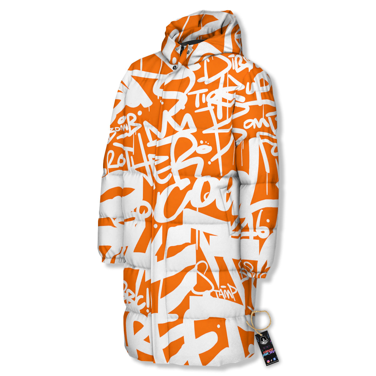 Orange Urban Graffiti Text Print Pattern Long Down Jacket-grizzshop