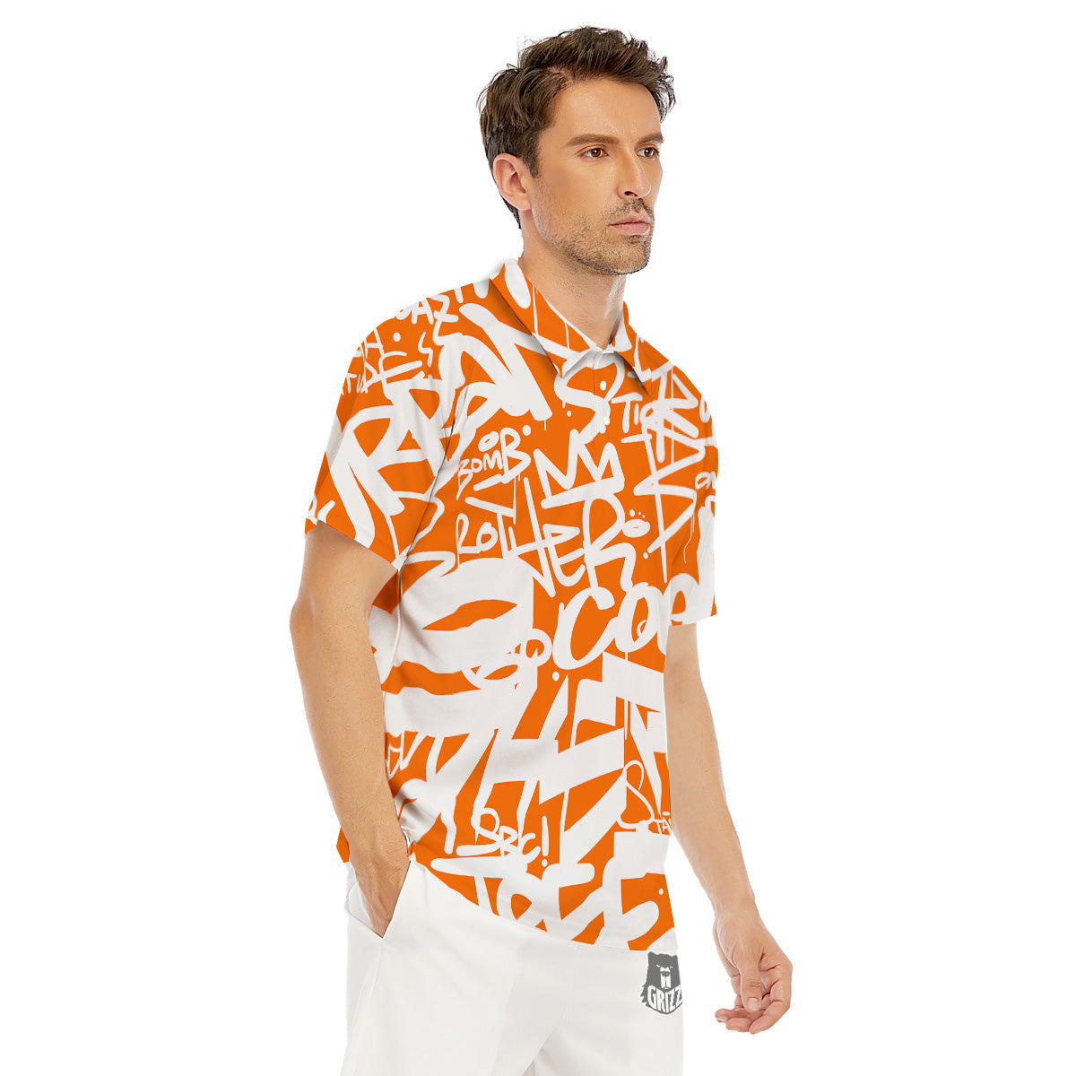 Orange Urban Graffiti Text Print Pattern Men's Golf Shirts-grizzshop