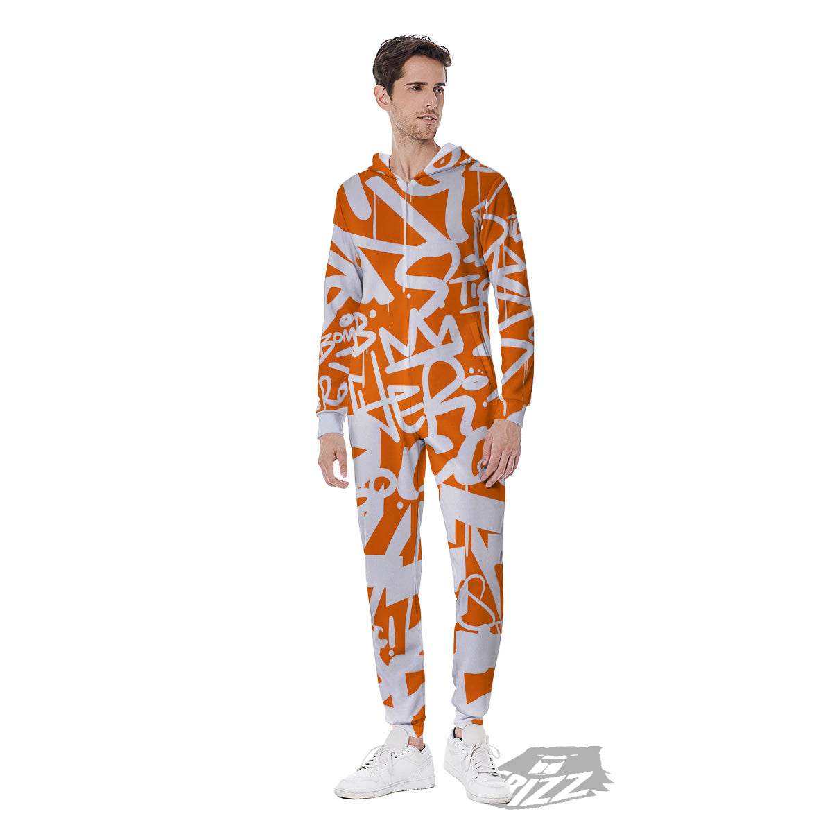 Orange Urban Graffiti Text Print Pattern Men's Jumpsuit-grizzshop